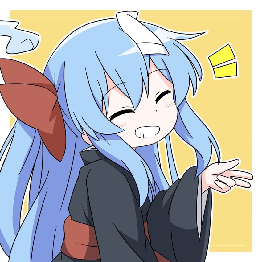 原创、野暗 (赤渔群) 1名女孩 黑色和服 蓝发 蝴蝶结 咬牙