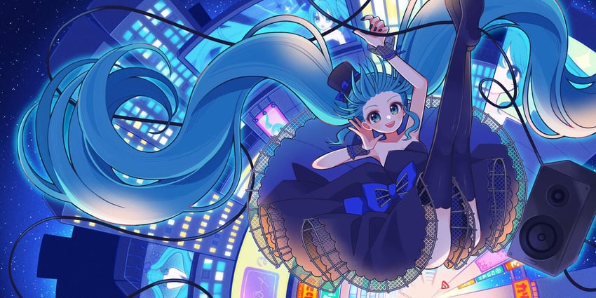 VOCALOID、初音未来 1名女孩 水色瞳 水色发 露肩 黑帽子
