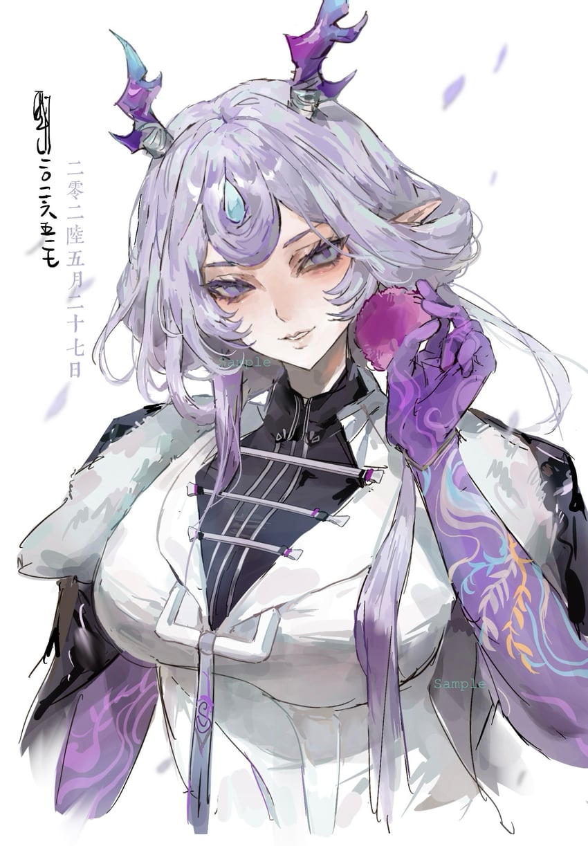 明日方舟、骏 (明日方舟) 1名女孩 蓝眼 脸红 乳房 有色肢端