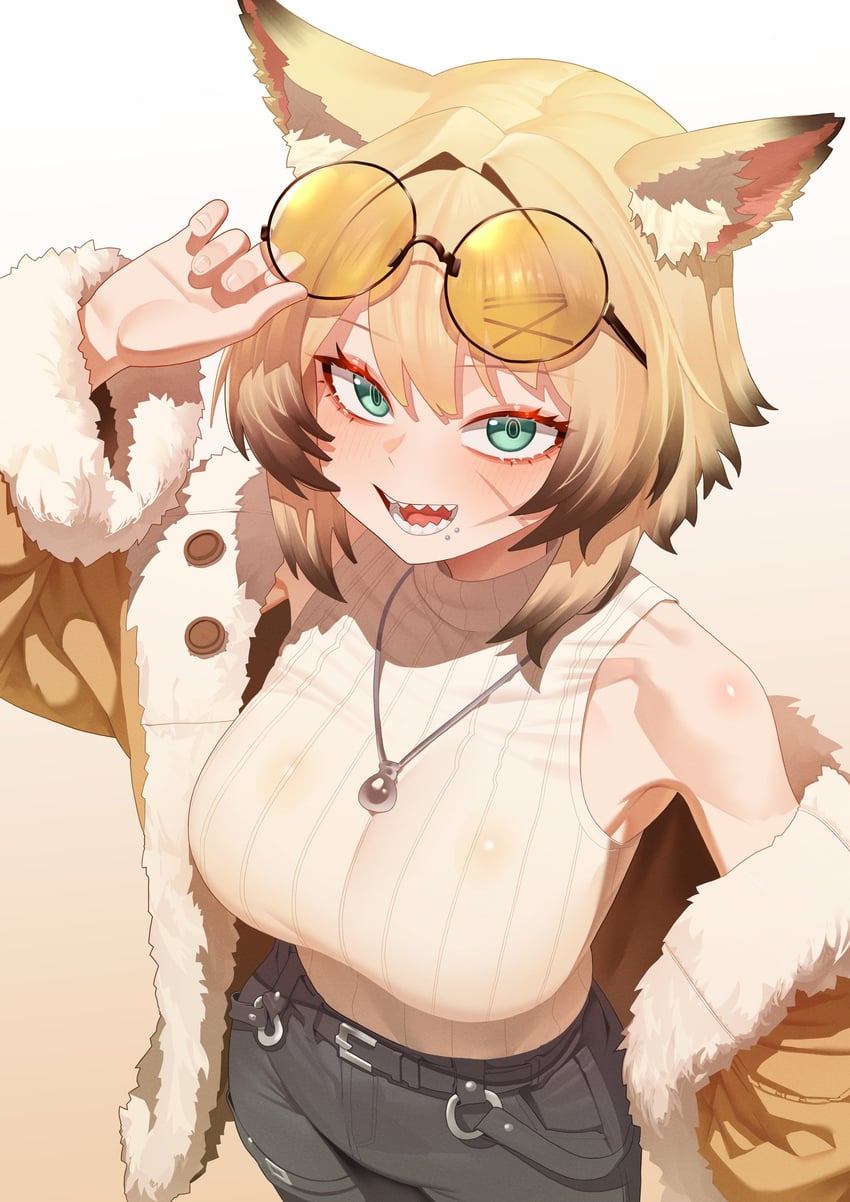原创 1名女孩 调整眼镜 兽耳毛 兽耳 露肩