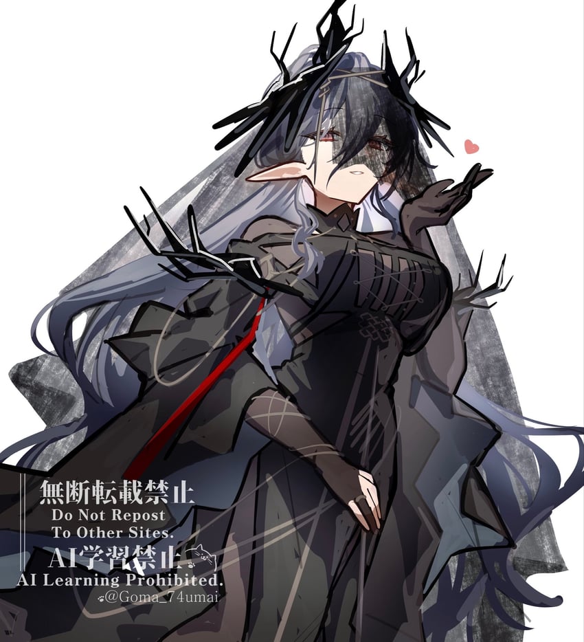 明日方舟、莱格拉姆林 (明日方舟) 1名女孩 黑色连衣裙 黑发 黑面纱 乳房