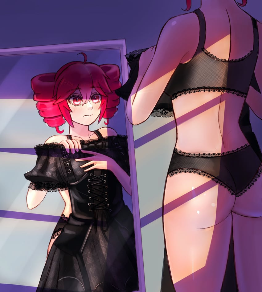 UTAU、重音Teto 1名女孩 呆毛 屁股 黑色文胸 黑色连衣裙