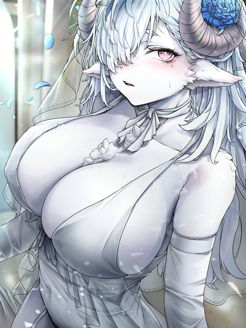 sani yang's laboratory、sani (sani yang's laboratory) 1名女孩 兽耳 动物鼻子 蓝色花瓣 脸红