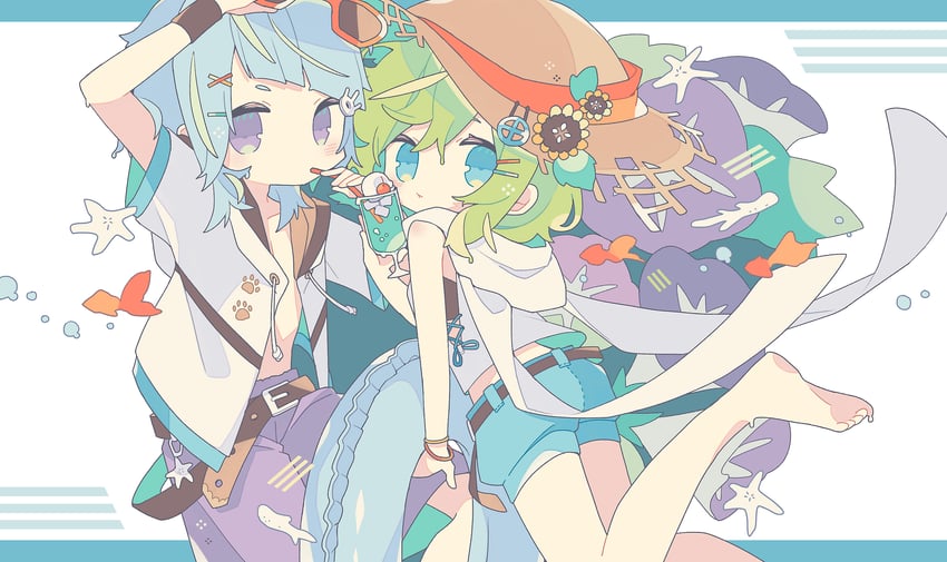 原创 1名男孩 1名女孩 赤脚 蓝眼 蓝发