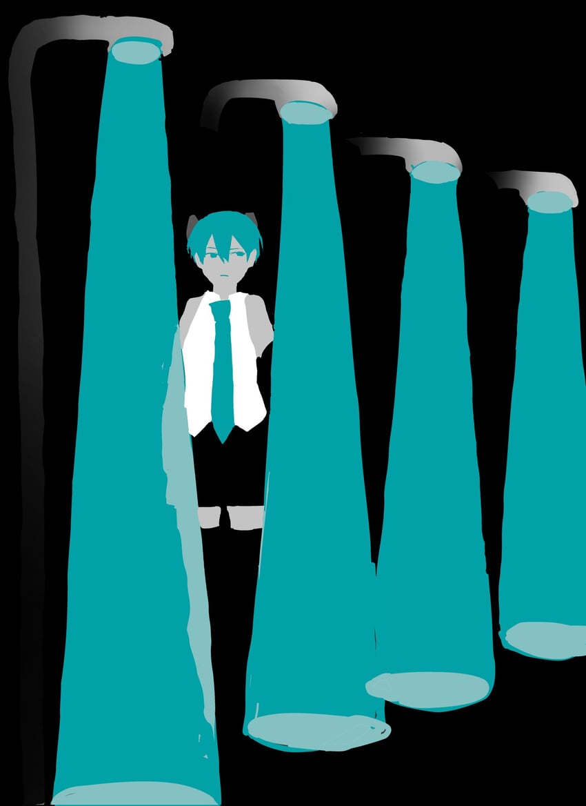 VOCALOID、初音未来 1名女孩 水色发 水蓝色领带 露肩 黑色裙子