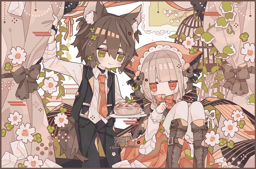 原创 1名男孩 1名女孩 兽耳毛 兽耳 黑裤子