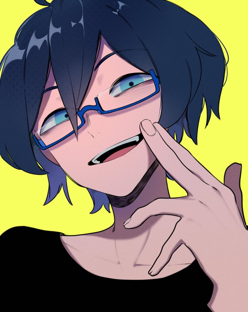 原创、串崎 (VTuber) 1名男孩 呆毛 黑洞状瞳孔 黑衬衫 蓝框眼镜