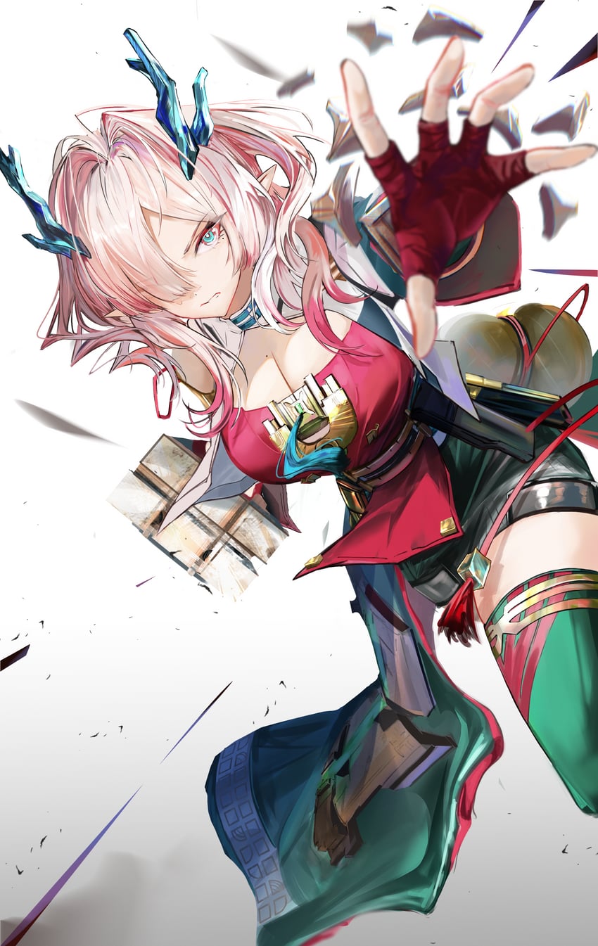明日方舟、明日方舟：终末地、弥伏 (明日方舟) 1名女孩 水色瞳 黑色裙子 蓝角 乳房