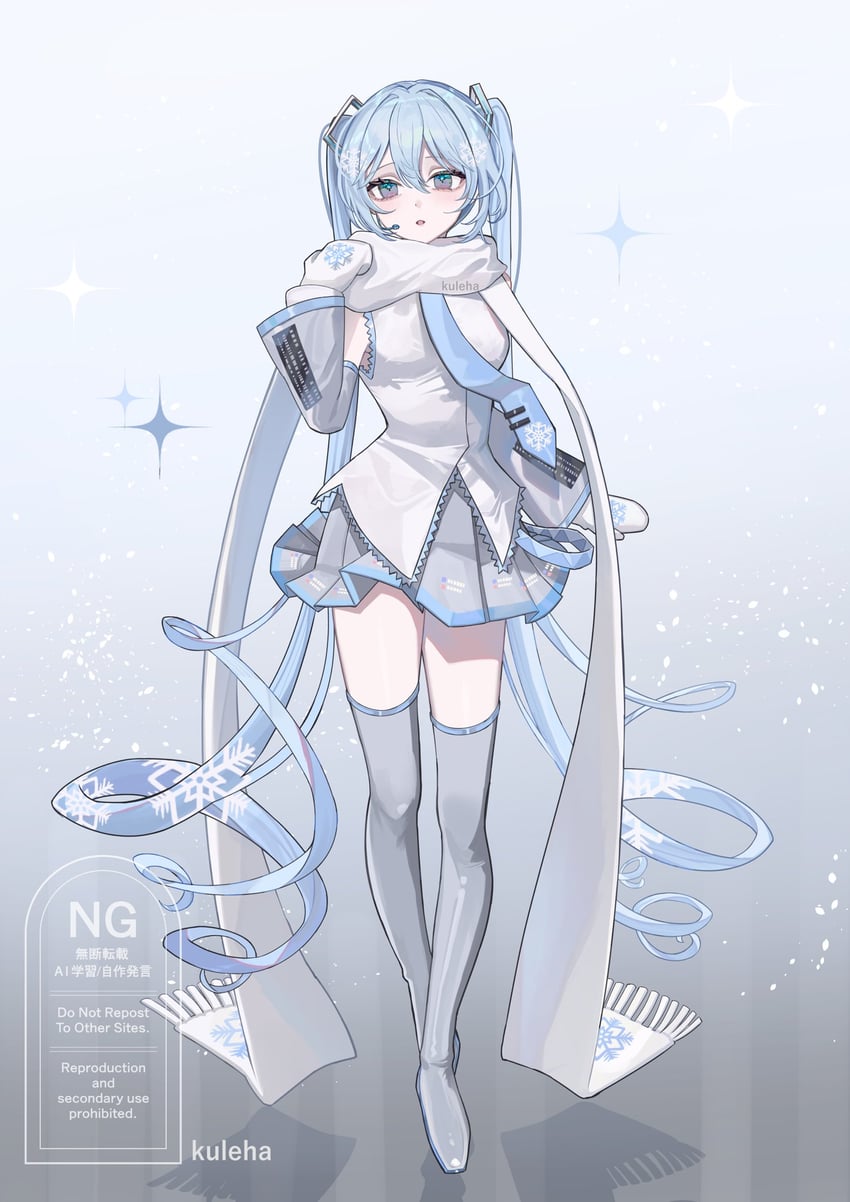 VOCALOID、初音未来、雪初音 1名女孩 不同发型 作者名 蓝发 蓝色领带