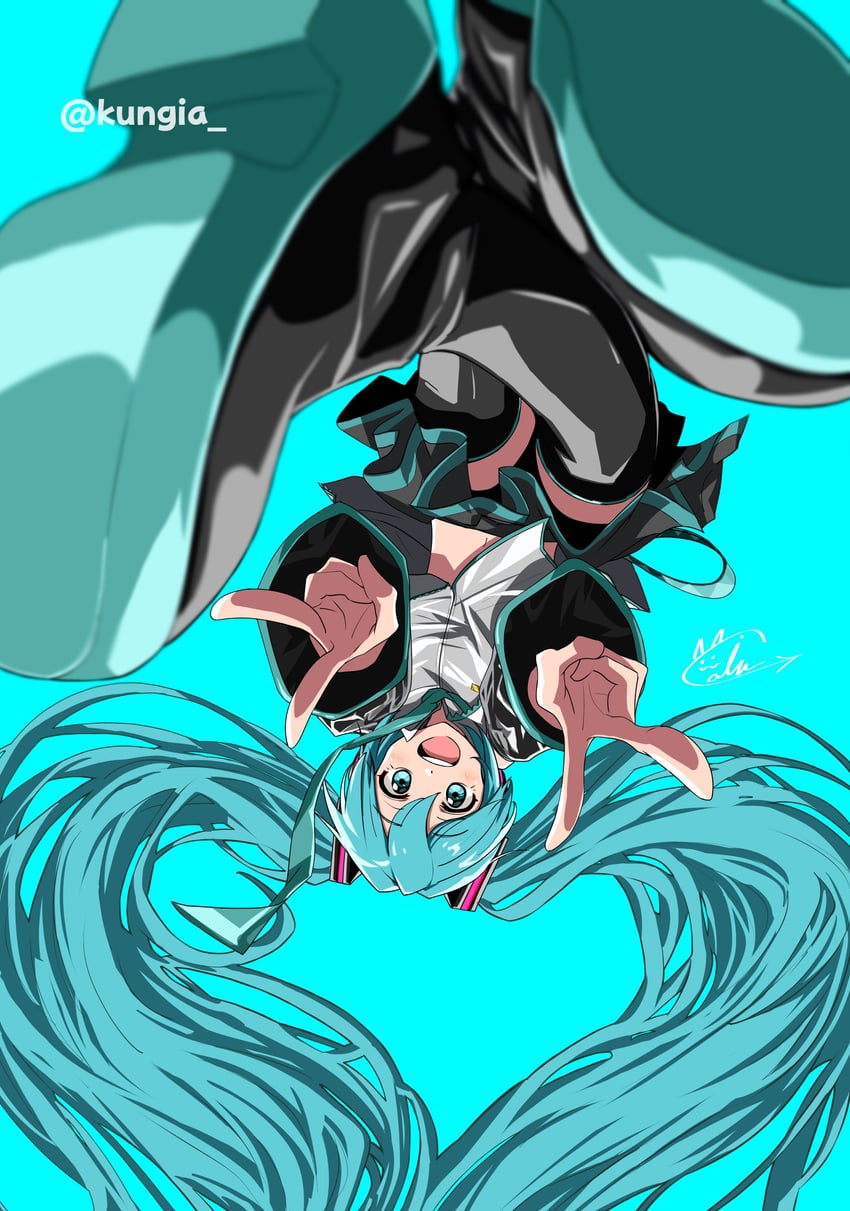 VOCALOID、初音未来 1名女孩 黑色裙子 蓝色背景 蓝眼 蓝发