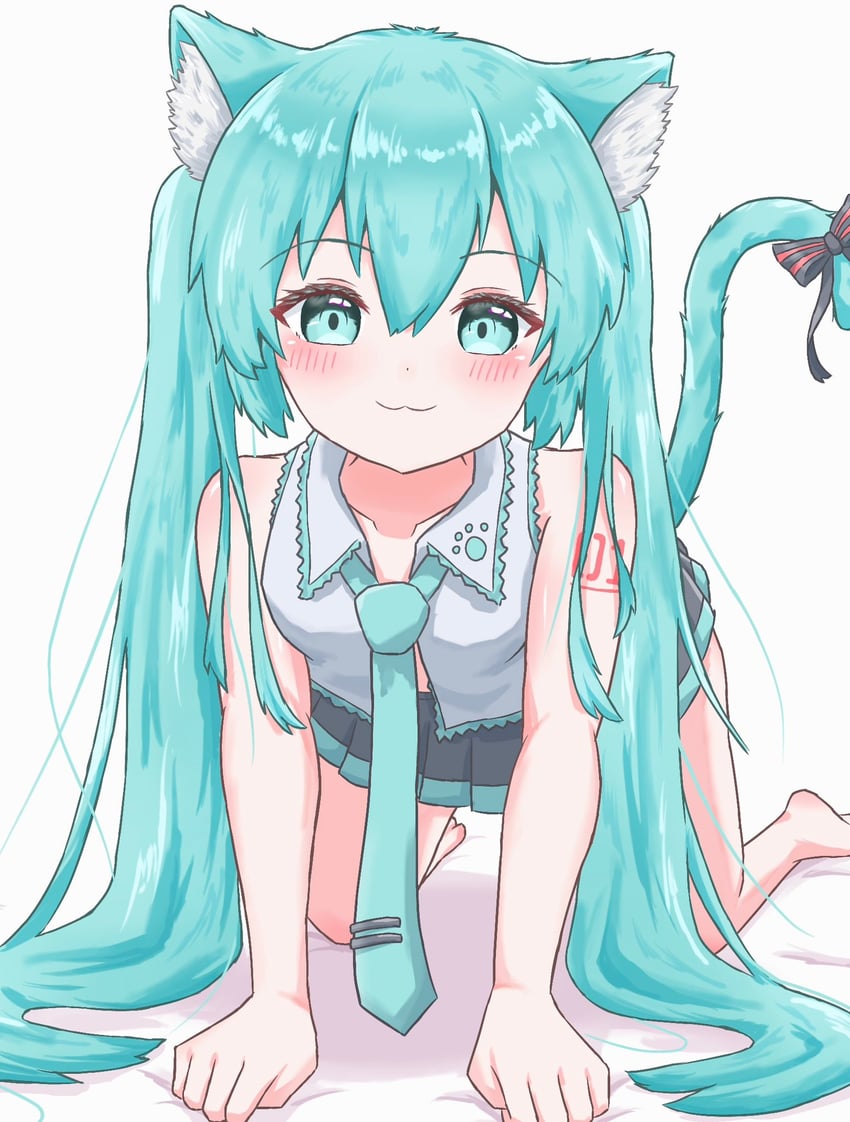 VOCALOID、初音未来 1名女孩 四肢着地 兽耳毛 兽耳 水色瞳
