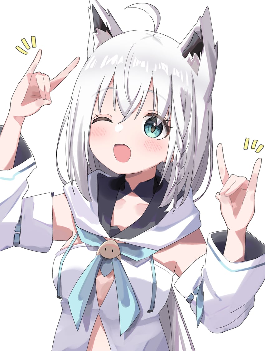 Hololive、白上吹雪、白上吹雪 (第一套服装) 1名女孩 呆毛 兽耳毛 兽耳 水色瞳
