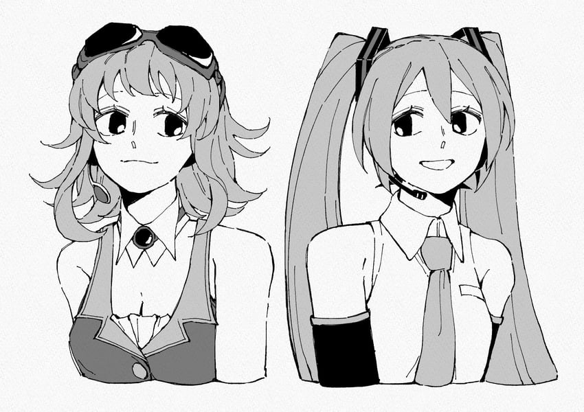 VOCALOID、GUMI、初音未来 2名女孩 露肩 乳房 乳沟 闭嘴