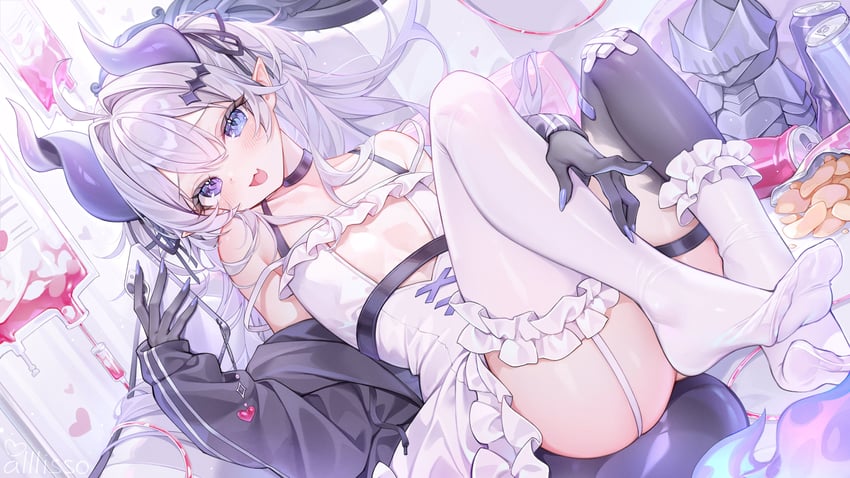 个人势虚拟主播、瓦佩尔 (Vtuber) 1名女孩 呆毛 不对称腿部穿着 黑色项圈 黑色过膝袜
