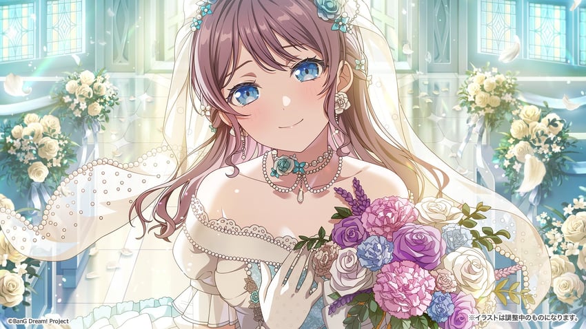 BanG Dream!、少女乐团派对！、山吹沙绫 1名女孩 露肩 蓝眼 花束 婚纱面纱