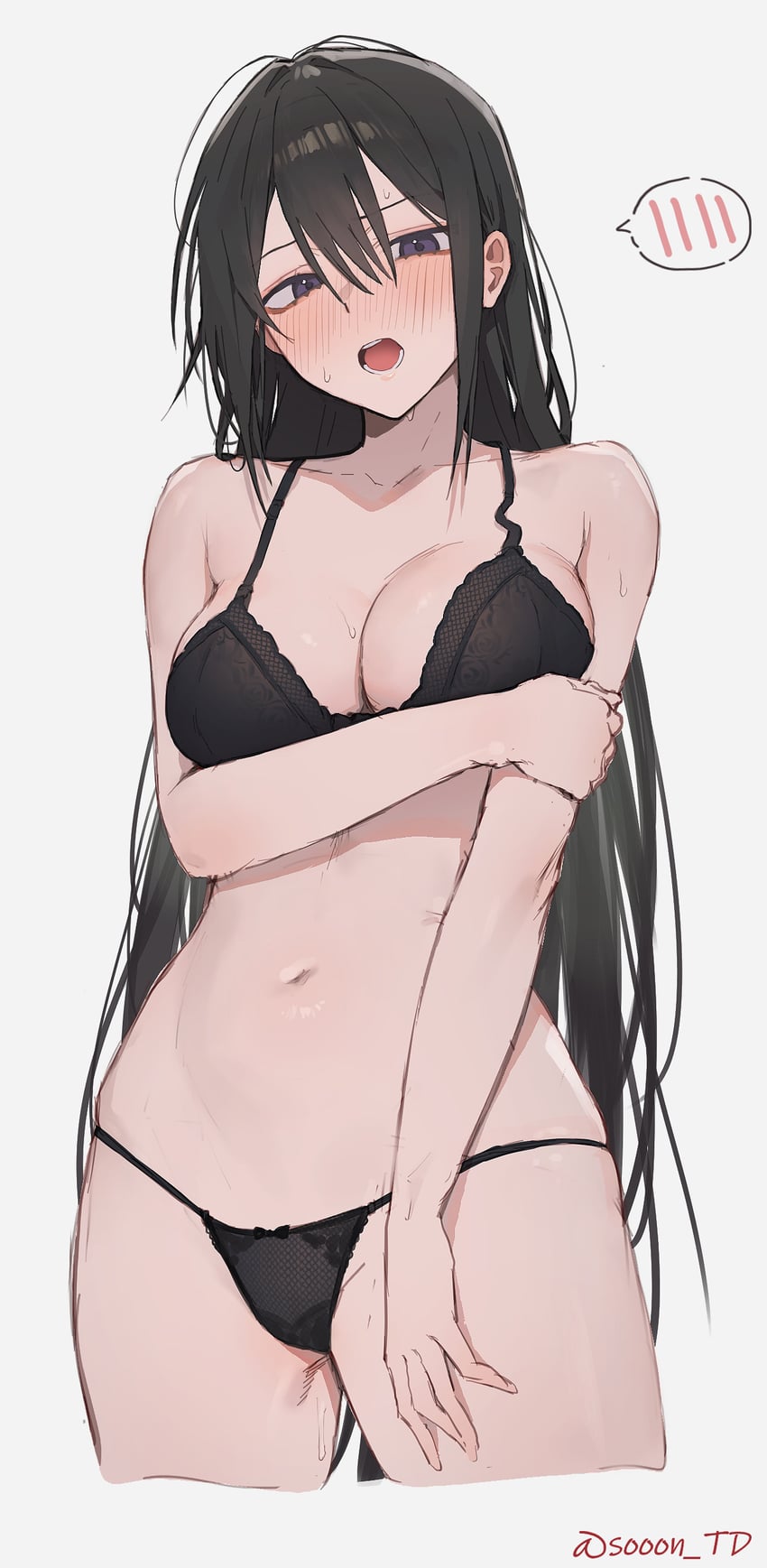 二次元插画 1名女孩 惊讶 作者名 黑色文胸 黑瞳
