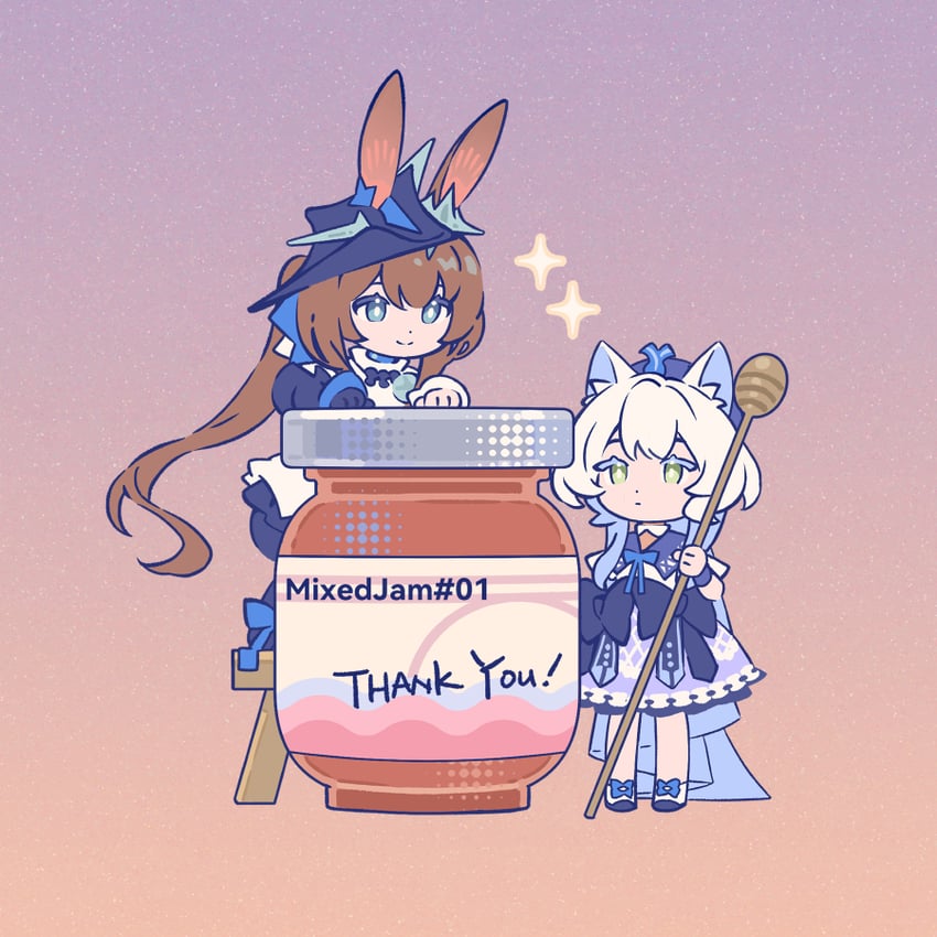 明日方舟、阿米娅 (明日方舟)、阿米娅 (近卫) (明日方舟) 2名女孩 兽耳 黑帽子 蓝眼 瓶子