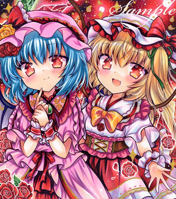 东方Project、芙兰朵露·斯卡蕾特、蕾米莉亚·斯卡蕾特 2名女孩 替换服装 阿斯科特领巾 蝙蝠翅膀 金发
