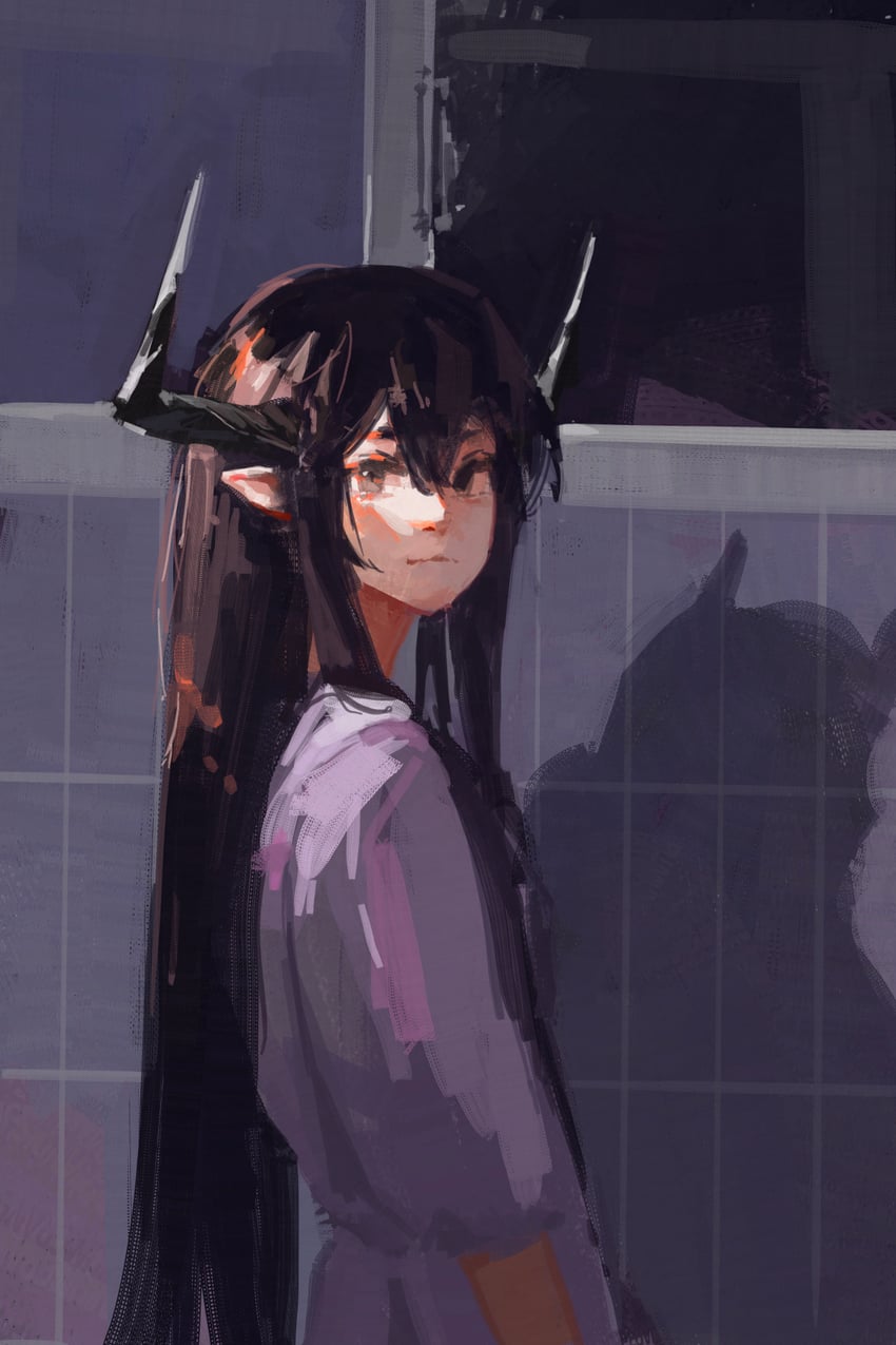 原创 1名女孩 黑瞳 黑角 双分刘海 连衣裙