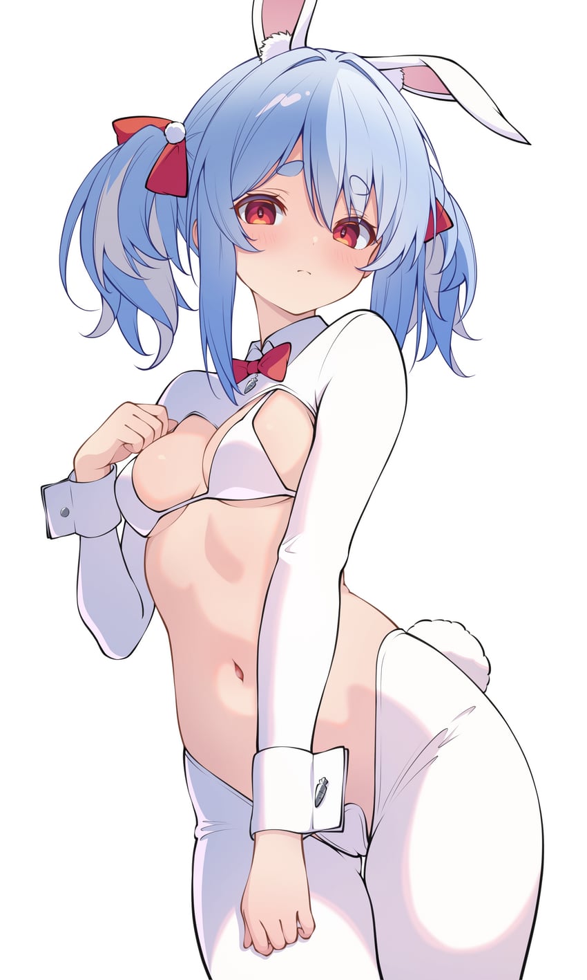 Hololive、兔田佩克拉 1名女孩 兽耳 蓝发 脸红 蝴蝶结