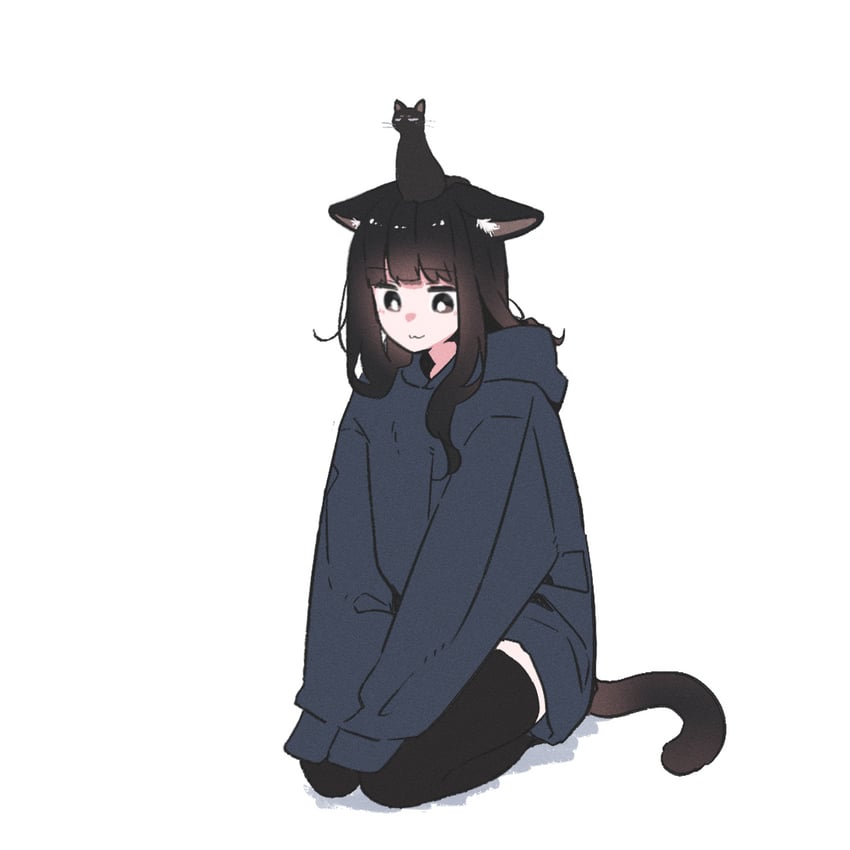 我家的黑猫女孩、小黑 (我家的黑猫女孩)、小豆 (我家的黑猫女孩) 1名女孩 猫脸笑 兽耳毛 头上的动物 黑猫