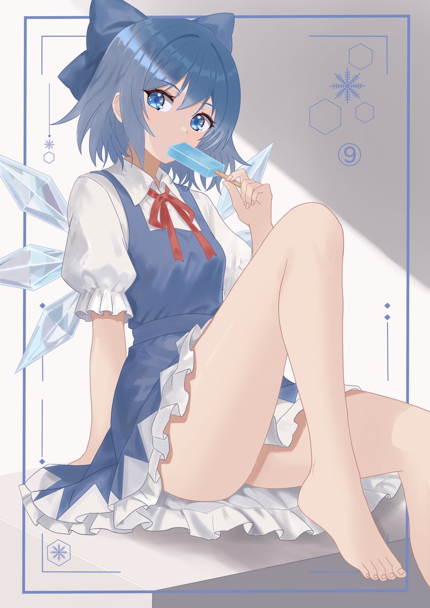 东方Project、琪露诺 1名女孩 赤脚 蓝色蝴蝶结 蓝色连衣裙 蓝眼
