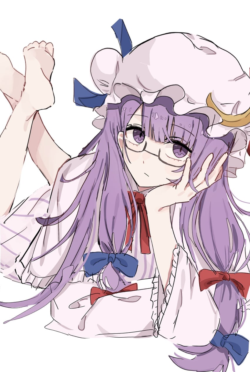 东方Project、帕秋莉·诺蕾姬 1名女孩 赤脚 蓝色蝴蝶结 蝴蝶结 蝶形领结
