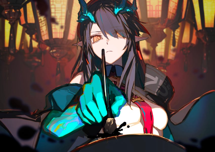 明日方舟、夕 (明日方舟) 1名女孩 黑发 龙娘 龙角 龙尾