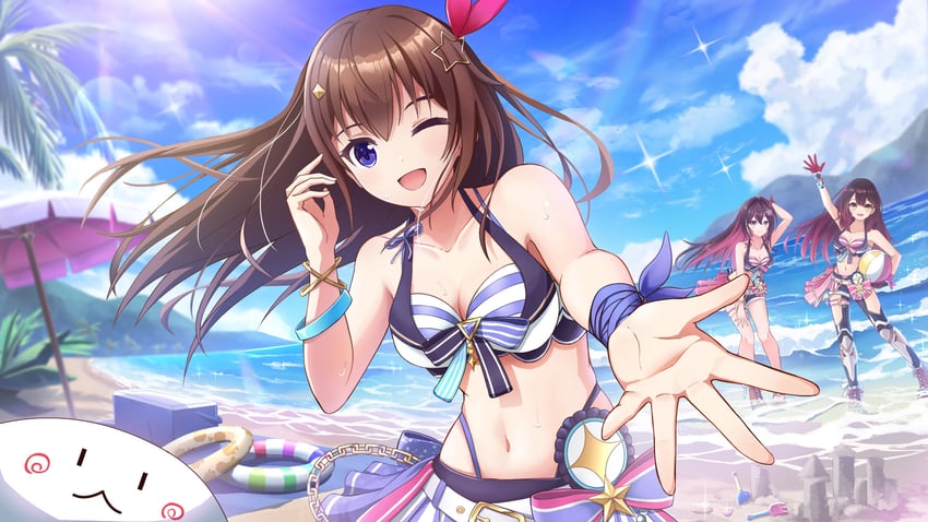 Hololive、AZKi、努努 (时乃空) 3人女子 :D 球 海滩 沙滩伞