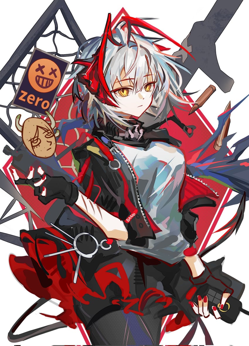明日方舟、W (明日方舟) 1名女孩 黑色手套 黑色连裤袜 恶魔娘 恶魔角