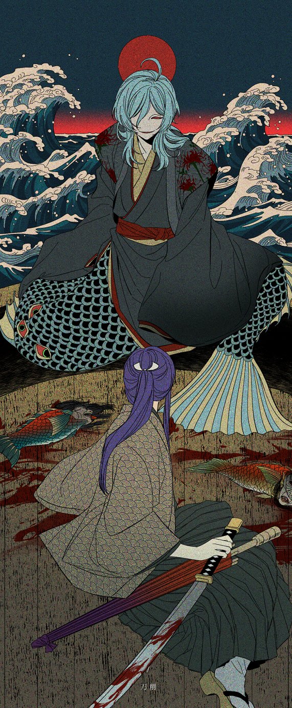 偶像梦幻祭、神崎飒马、深海奏汰 2个男孩 呆毛 替换服装 水色发 黑色和服