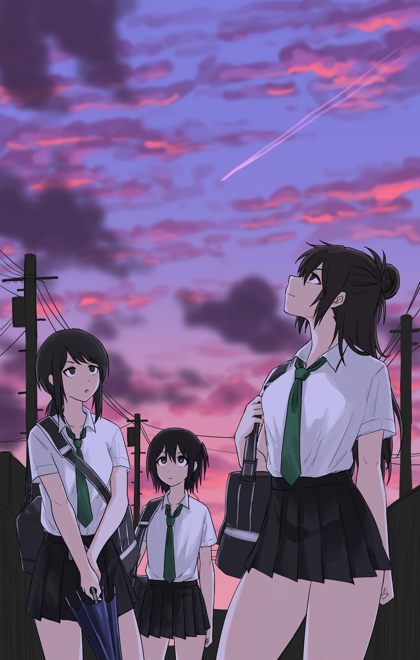 原创、石动结衣、saigou chika 3人女子 包 黑包 黑瞳 黑色裙子
