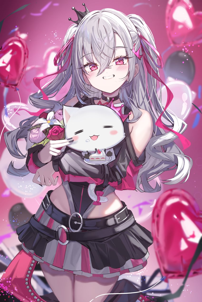 Hololive、hololive DEV_IS、猪崎理央那 1名女孩 :D 气球 黑色皇冠 黑色短坎肩