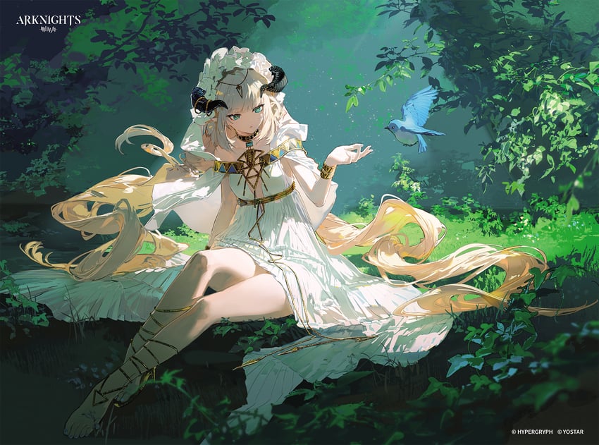 明日方舟、夜莺 (明日方舟)、夜莺（流逝的雅库）(明日方舟) 1名女孩 露肩 金发 蓝眼 乳房