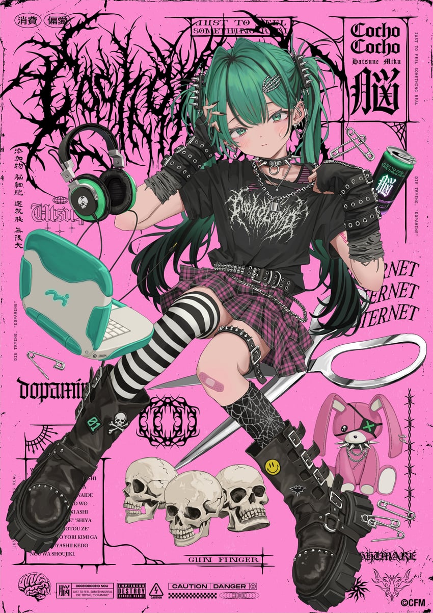 原创、VOCALOID、初音未来 1名女孩 专辑封面 不对称腿部穿着 创可贴 膝盖上的创可贴
