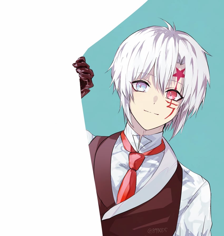 驱魔少年、亚连·沃克 1名男孩 作者名 蓝色背景 蓝眼 棕色手套