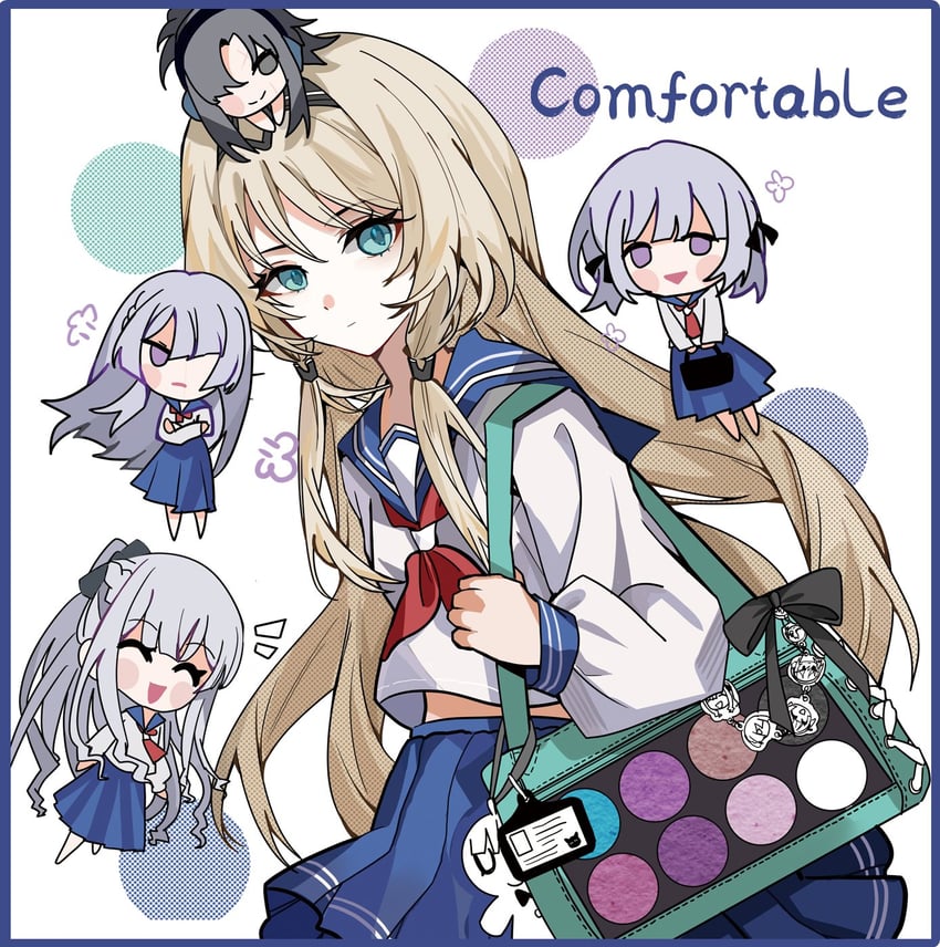 少女前线、AK-12 (少女前线)、AK-15 (少女前线) 5名女孩 包 黑发 金发 蓝色边框
