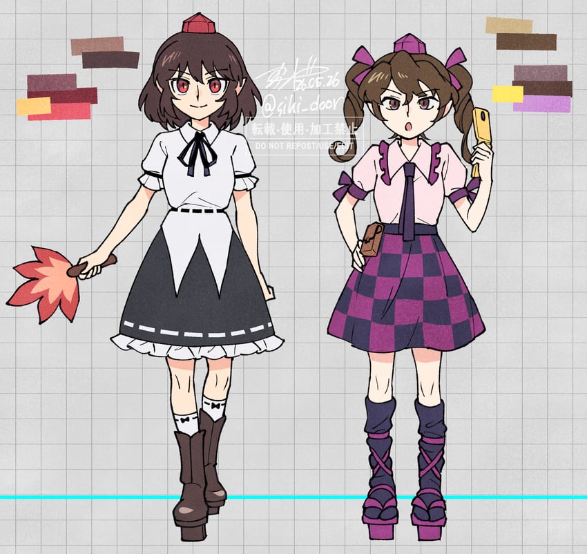 东方Project、姬海棠羽立、射命丸文 2名女孩 黑色丝带 黑袜 靴子 棕色靴子
