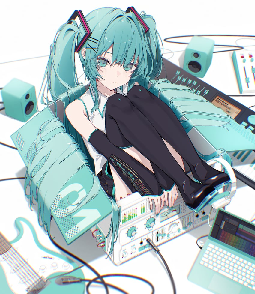 VOCALOID、初音未来 1名女孩 露肩 黑色靴子 黑色袖子 靴子