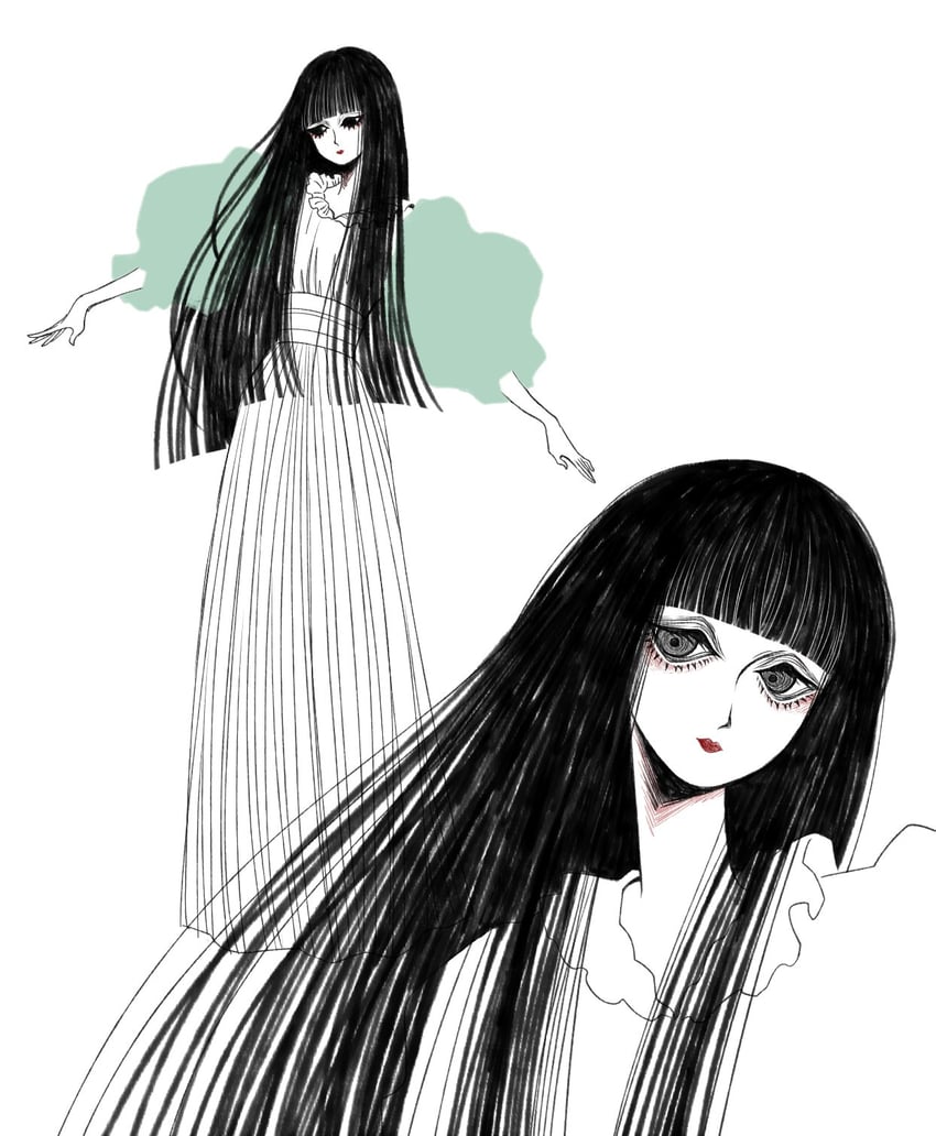 二次元插画 1名女孩 移开视线 黑发 齐刘海 齐发尾