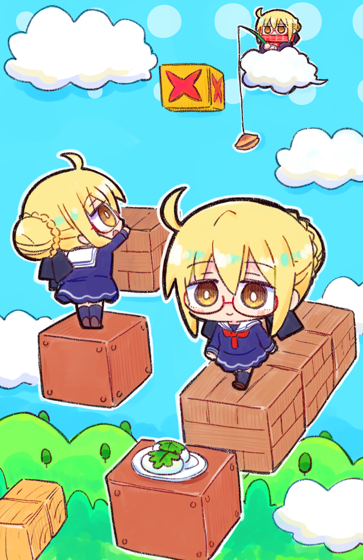 Fate/Grand Order、Fate系列、阿尔托莉雅·潘德拉贡 (Fate) 3人女子 惊讶 呆毛 方块 (物体) 金发