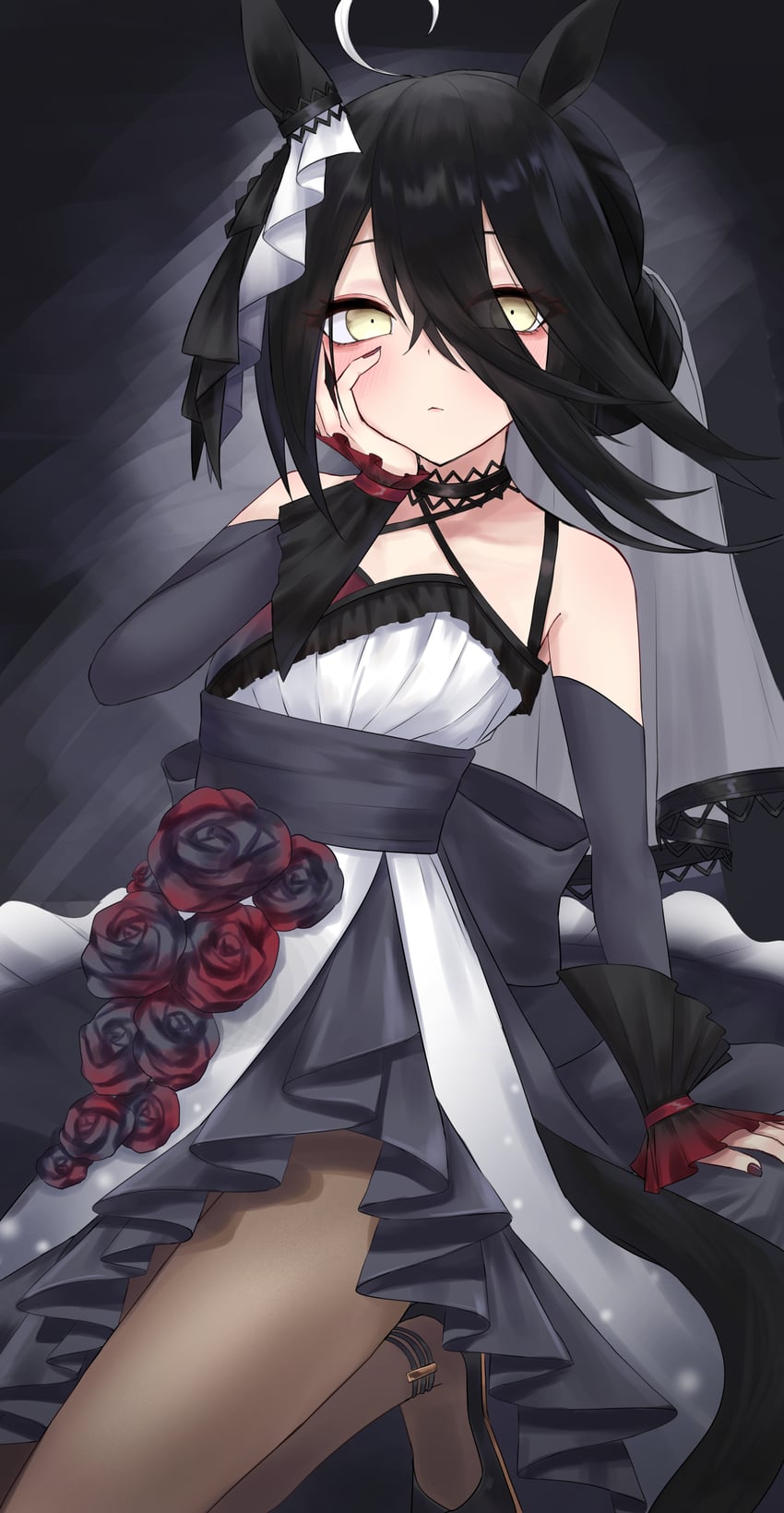 赛马娘、曼城茶座 (Mysterious Rose) (赛马娘)、曼城茶座 (赛马娘) 1名女孩 :< 呆毛 兽耳 露肩