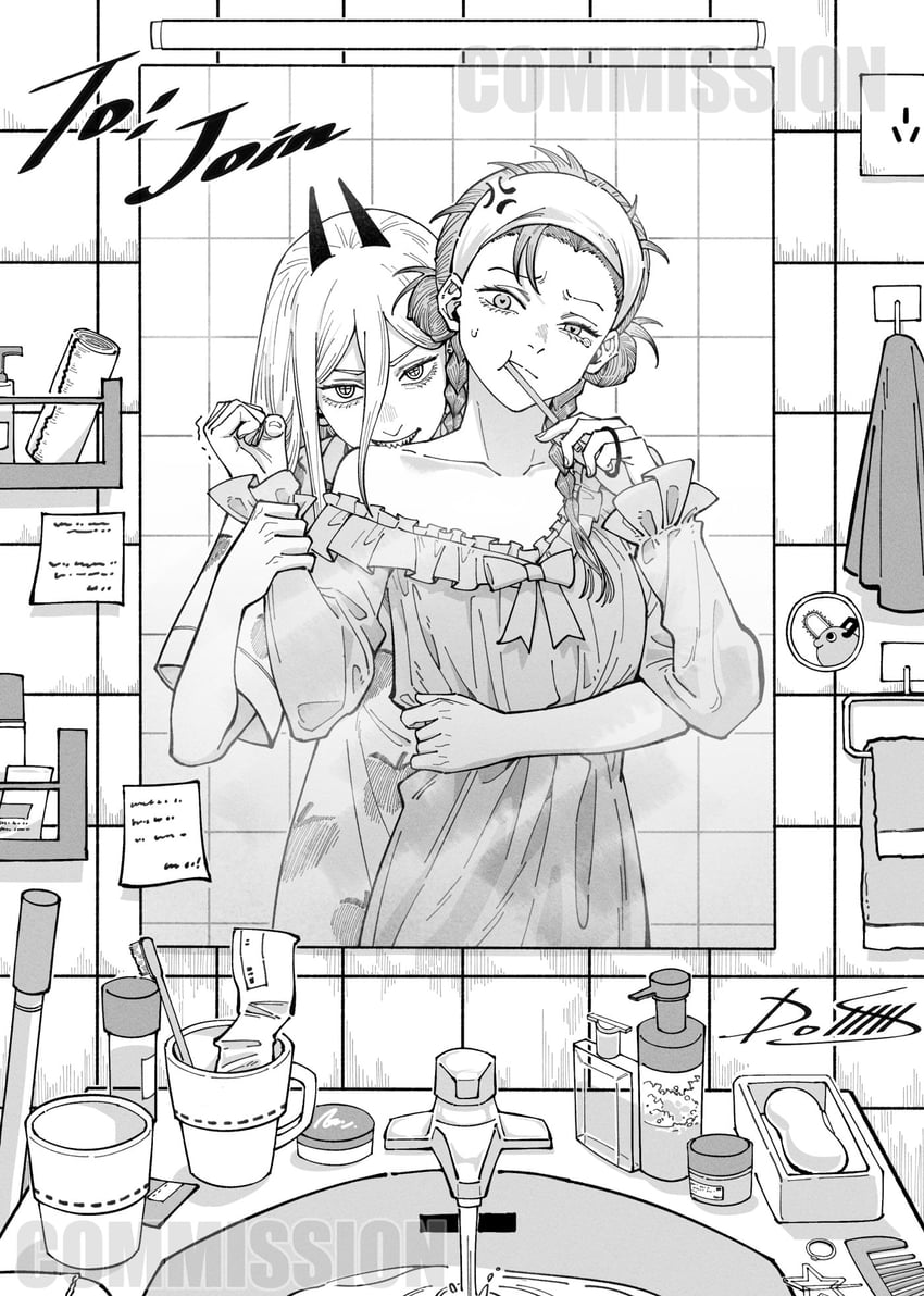 电锯人、原创、三鹰亚沙 2名女孩 青筋 绷带 咬肩膀 蝴蝶结