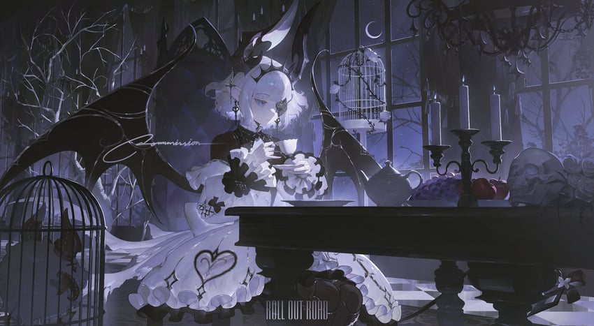 原创 1名女孩 苹果 枯树 鸟笼 黑色连衣裙