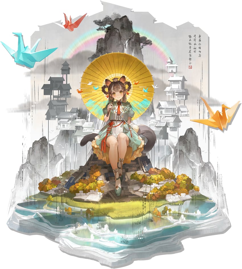 明日方舟、蜜莓 (明日方舟)、honeyberry (saturated within rain) (arknights) 1名女孩 兽耳 水蓝色连衣裙 建筑 鸟