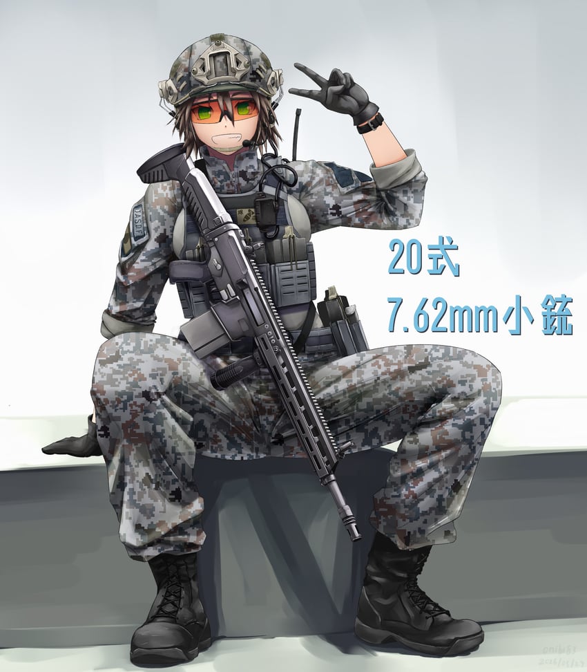 原创 1名女孩 突击步枪 黑色靴子 黑色手套 靴子