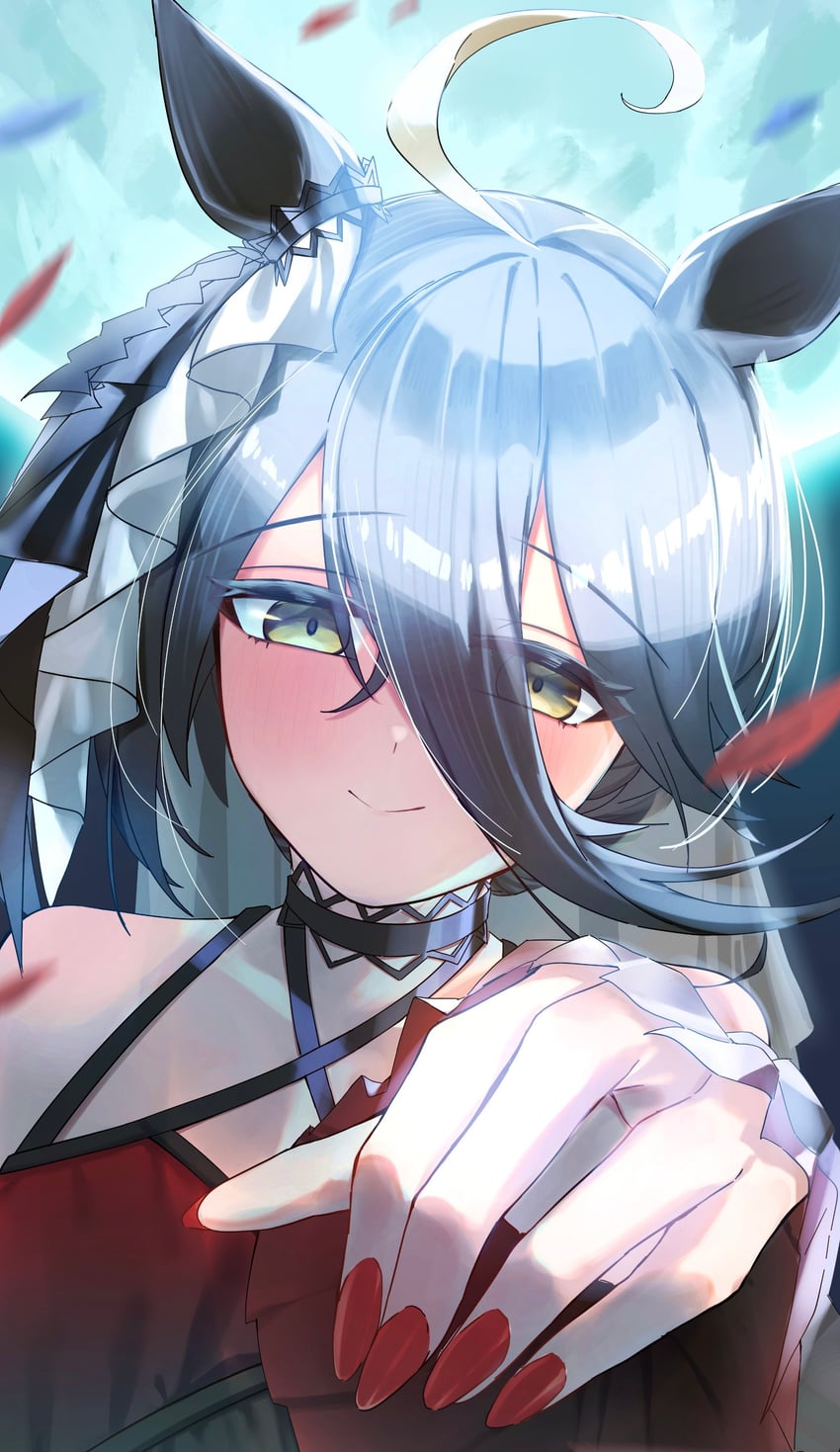 赛马娘、曼城茶座 (Mysterious Rose) (赛马娘)、曼城茶座 (赛马娘) 1名女孩 呆毛 兽耳 黑色项圈 黑发