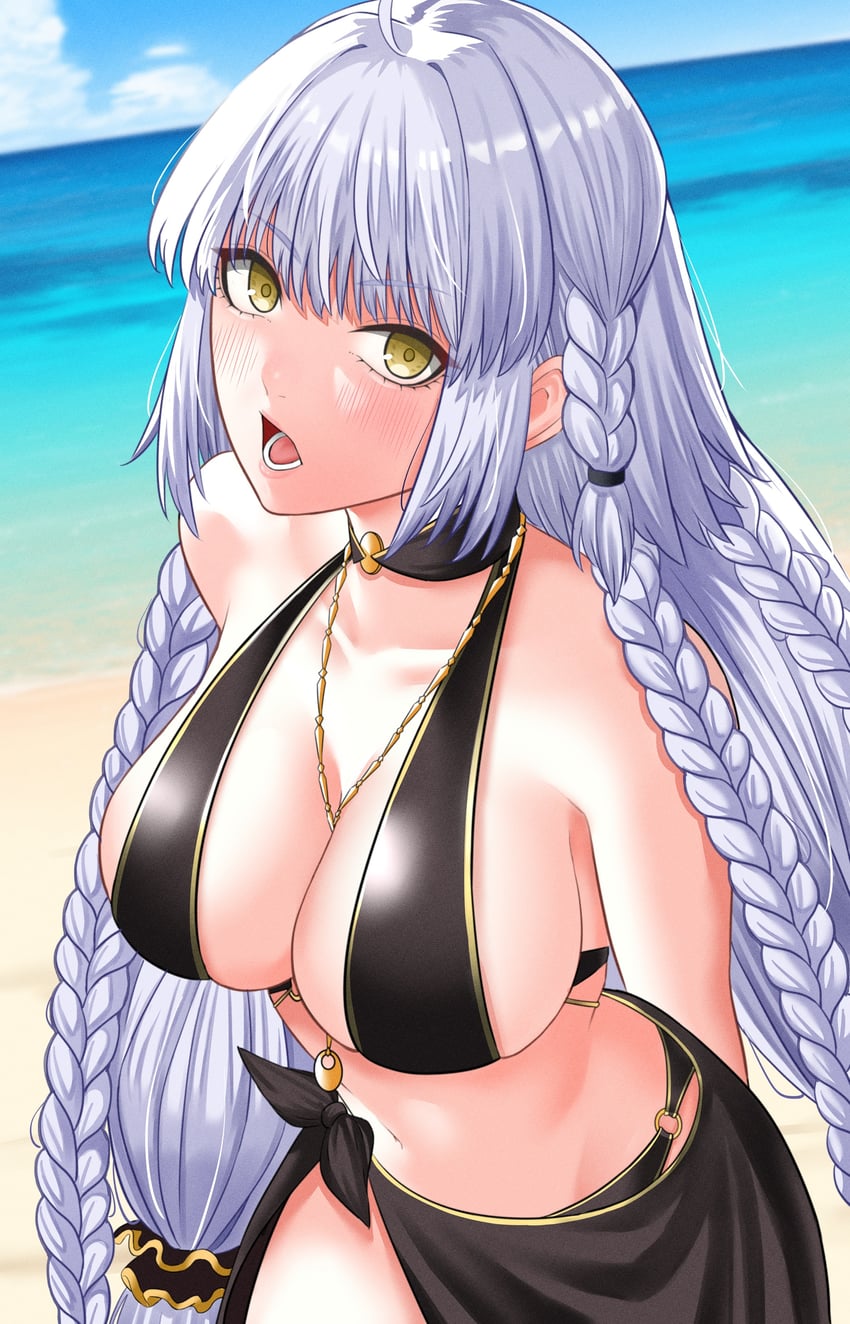 Fate/Grand Order、Fate系列、黑贞德 1名女孩 呆毛 露肩 海滩 比基尼