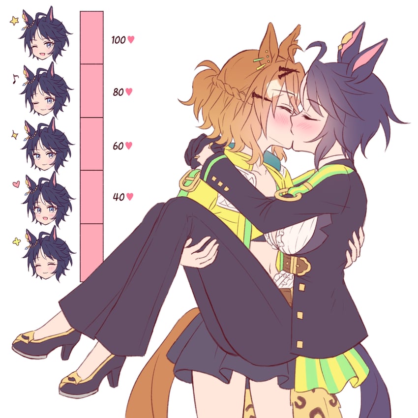 赛马娘、富士奇迹 (流星歌舞秀) (赛马娘)、富士奇迹 (赛马娘) 2名女孩 兽耳 腰带 黑色手套 黑发