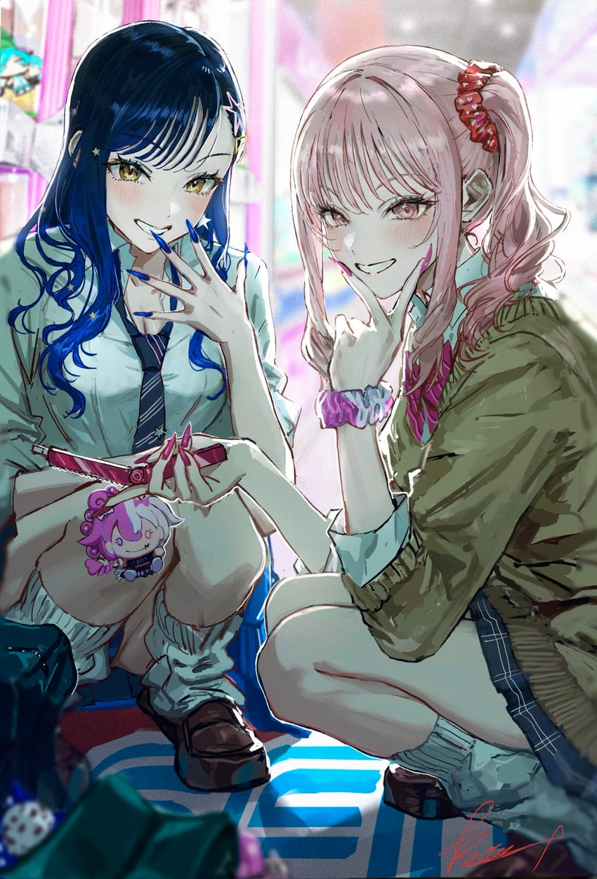 世界计划、VOCALOID、晓山瑞希 1名女孩 1个其他角色 蓝发 蓝色指甲 蓝色领带